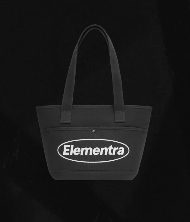 Black canvas tote with white logo